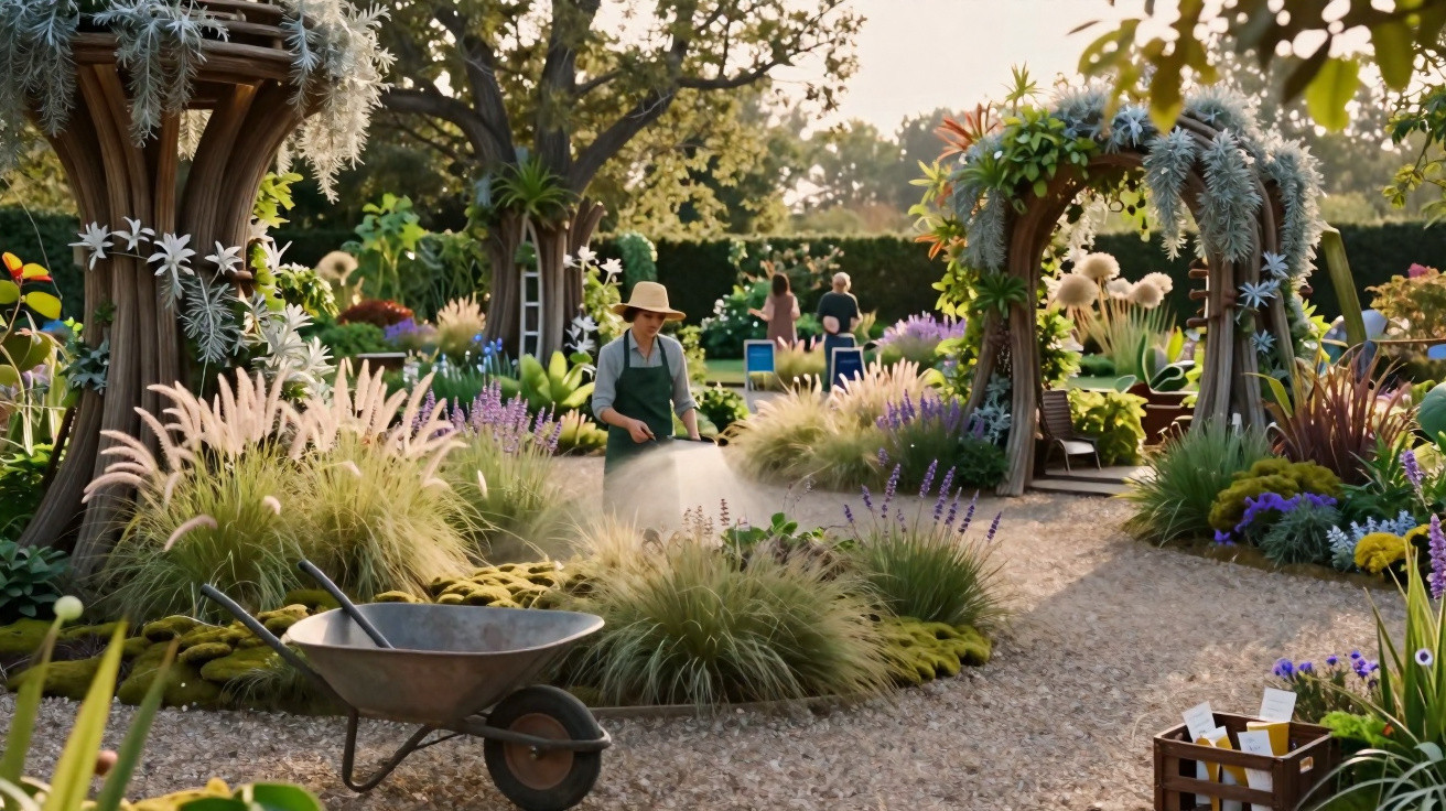 Person watering plants in a lush garden surrounded by flowers, greenery, and rustic wooden structures.
