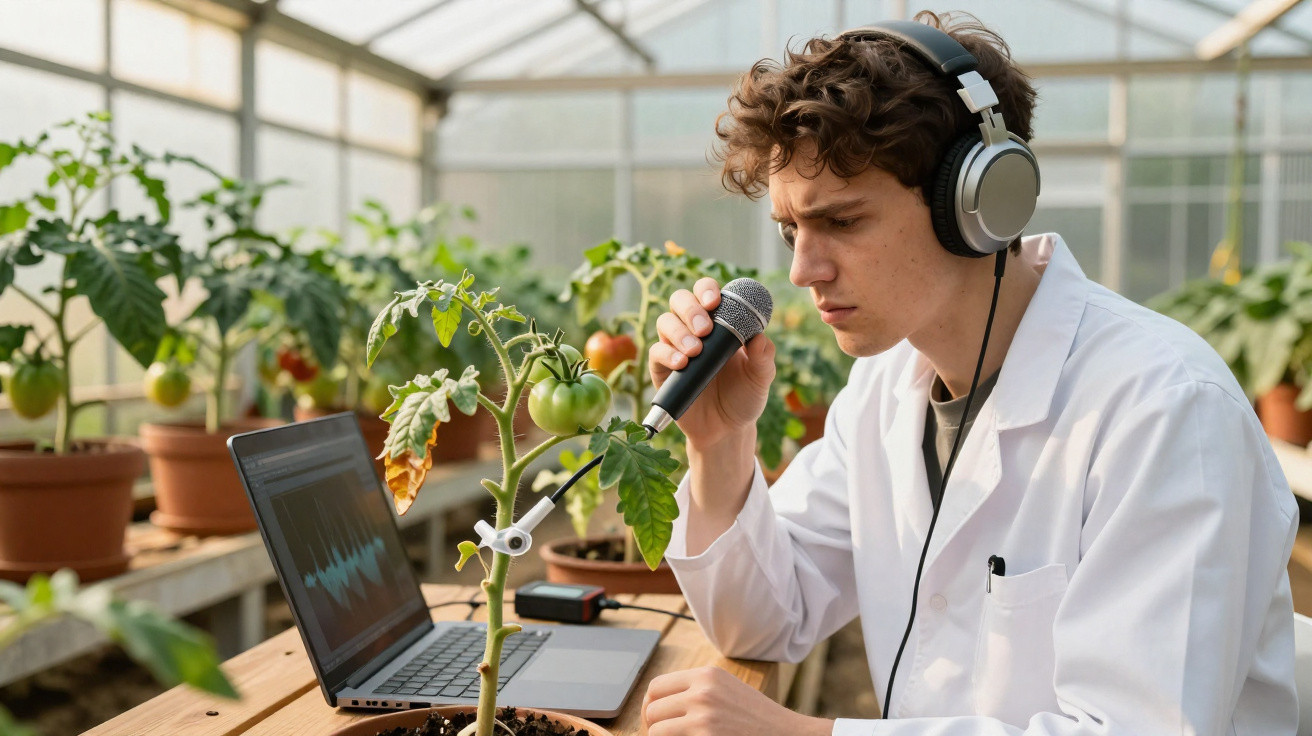Scientist in lab coat using microphone and headphones to record sounds from a tomato plant in a greenhouse.