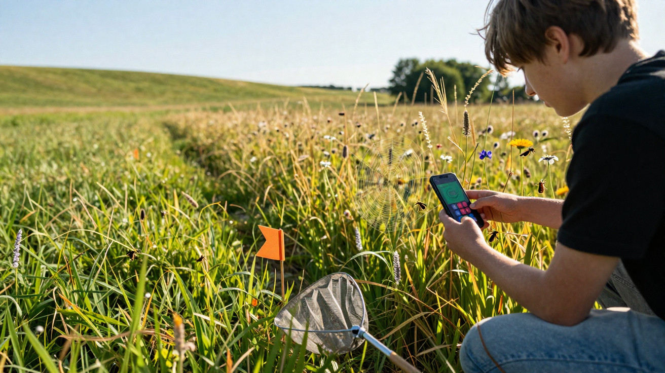 Young person using a smartphone to study insects in a grassy meadow with a butterfly net and orange marker nearby