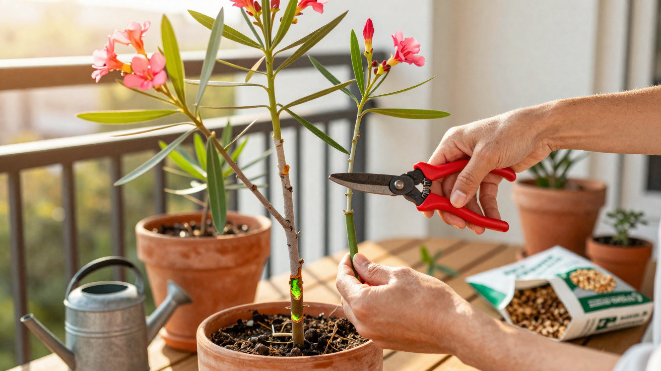 Hands pruning a potted flowering plant with red-handled garden shears on a sunlit balcony.