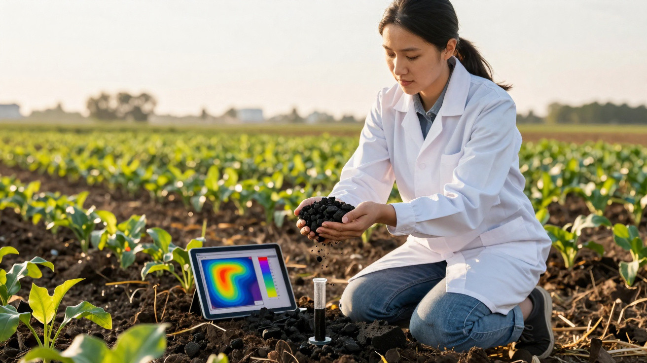 Scientist in a white coat examines soil in a field with tablet showing soil data and a soil sample container nearby.