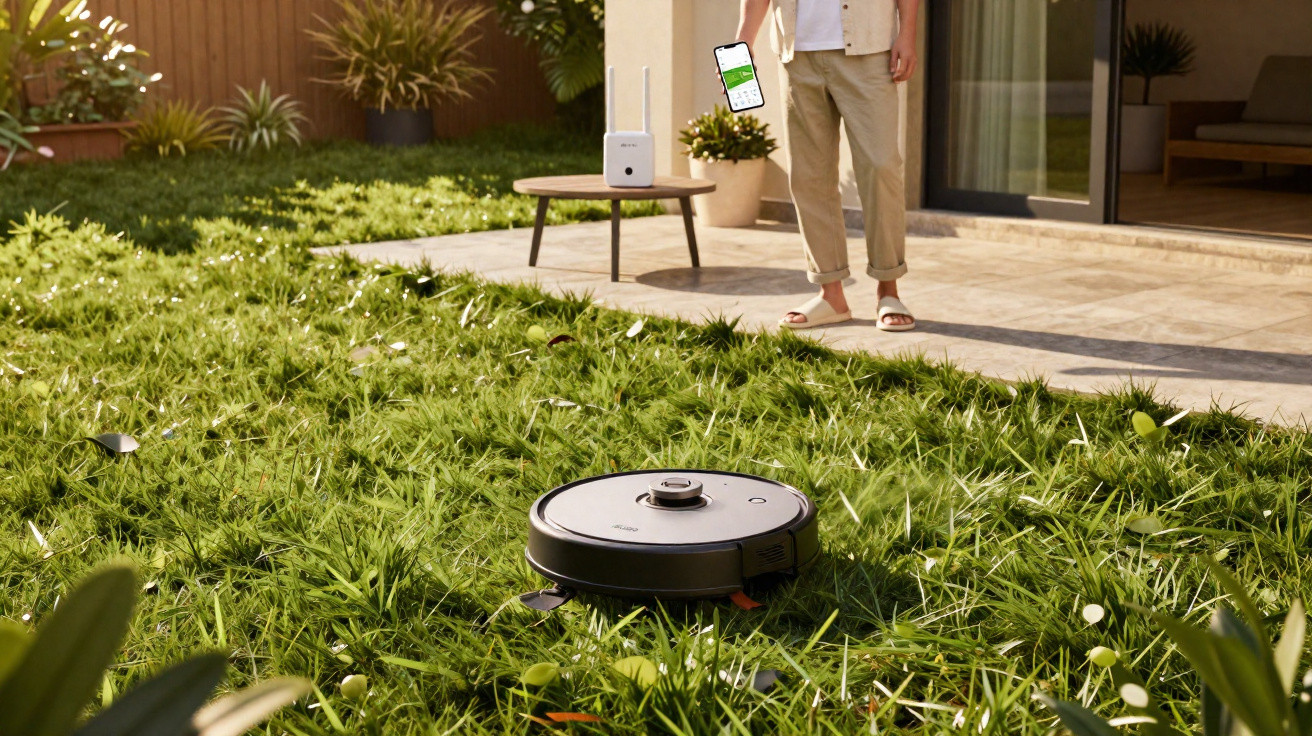 Robot lawn mower operating on grass in a garden, with a person controlling it via smartphone.