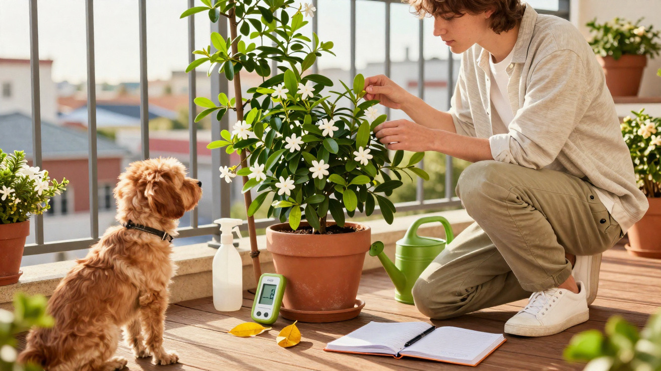 Person tending to potted jasmine plant on balcony with a small dog watching nearby.