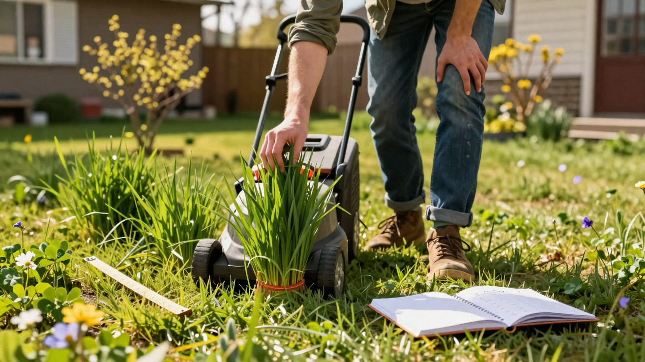 Person adjusting grass bundle on push lawn mower in a sunny garden with open notebook on the grass nearby