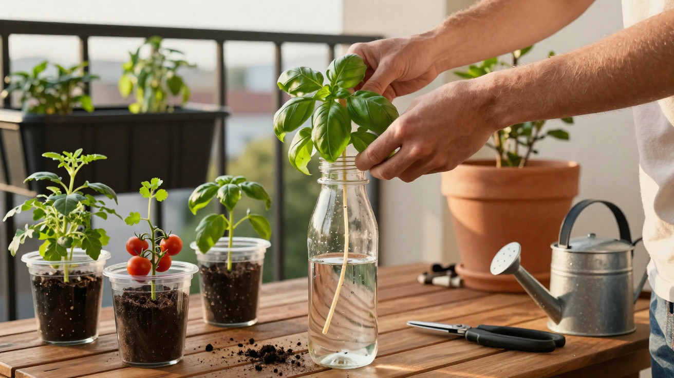 Hands placing a basil cutting in a glass bottle of water on a wooden table with potted plants and gardening tools nearby