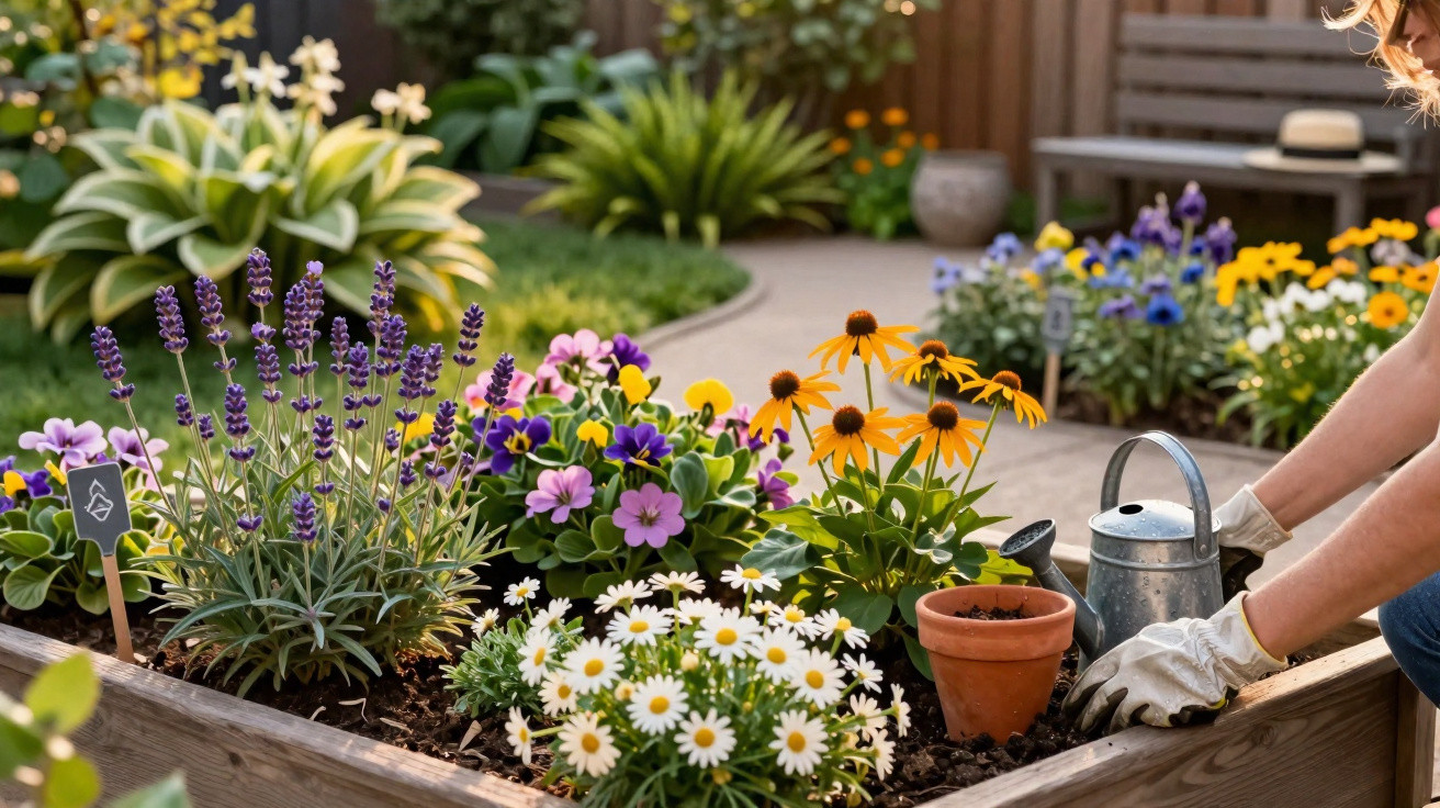 Person wearing gloves gardening colourful flowers in a raised wooden garden bed on a sunny day.