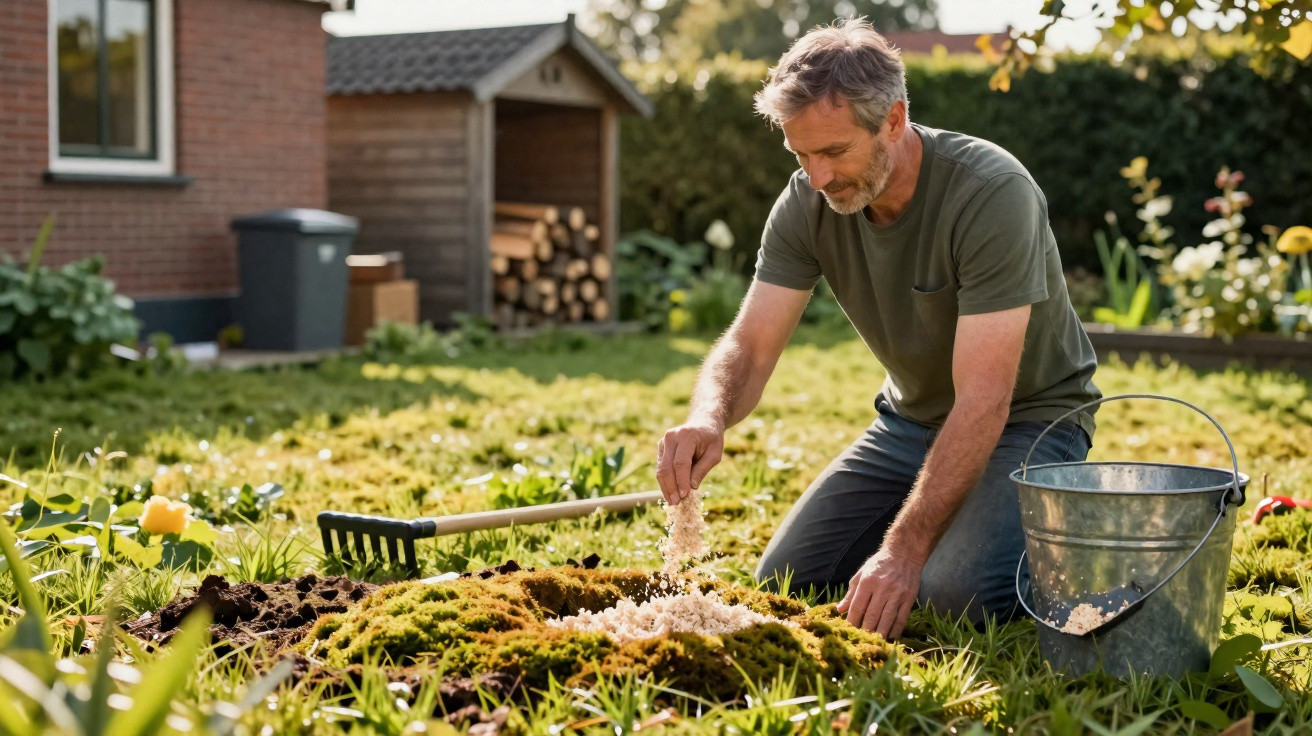 Man kneeling in garden spreading fertiliser on soil with gardening tools and shed in background