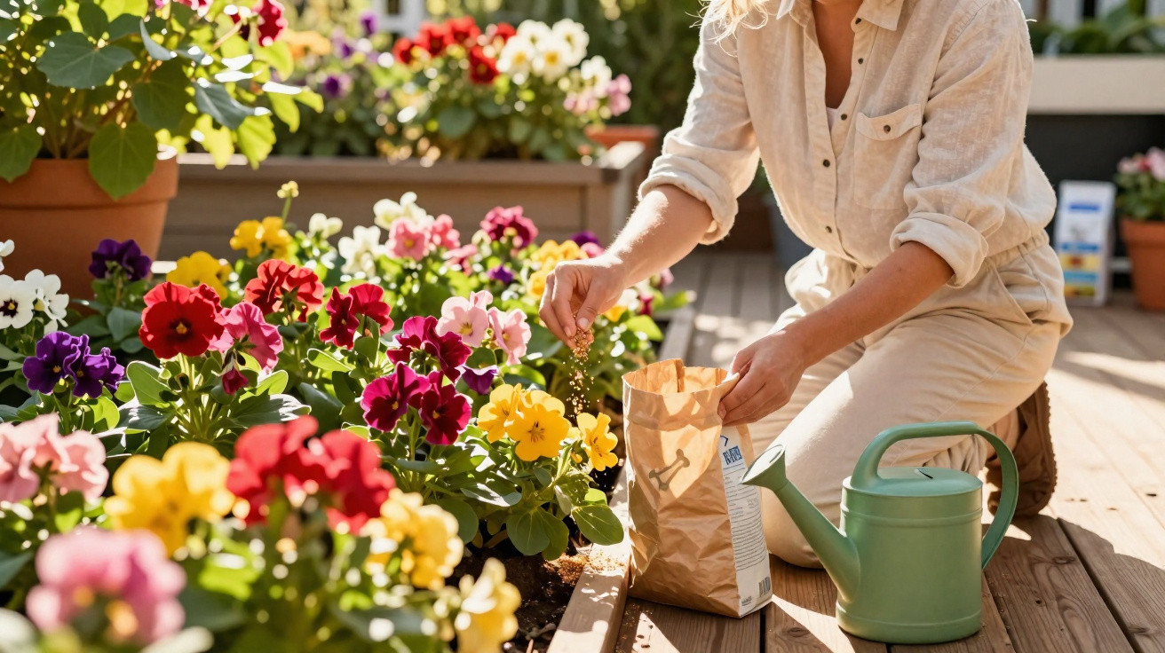 Person sprinkling fertiliser on colourful pansies in a wooden planter on a sunny deck.