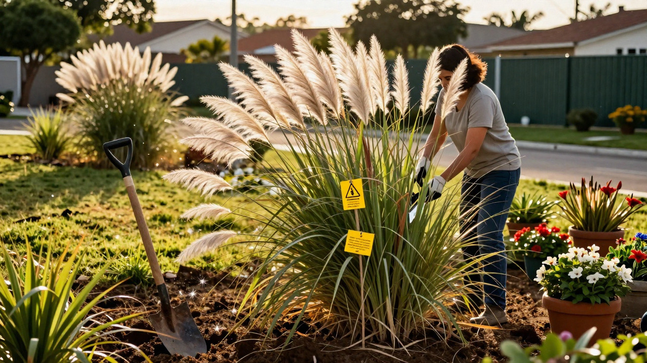 Person gardening pampas grass with gloves and shovel in a suburban garden during golden hour.