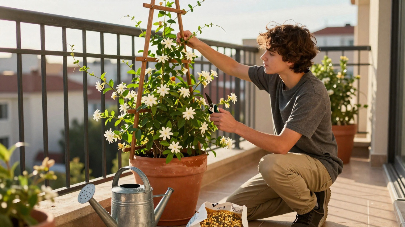 Young man pruning a flowering plant on a sunlit balcony with a watering can and gardening supplies nearby.