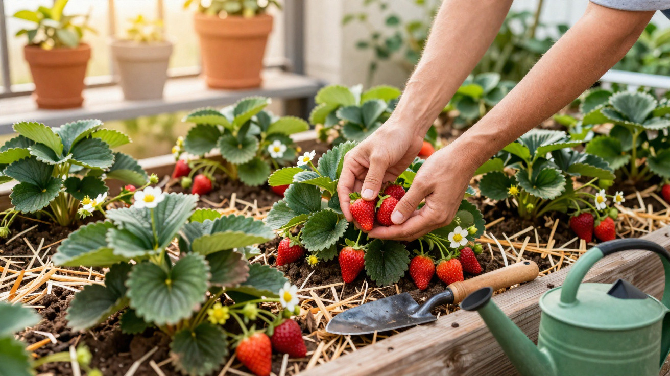 Hands harvesting ripe strawberries from a raised garden bed with a trowel and watering can nearby.