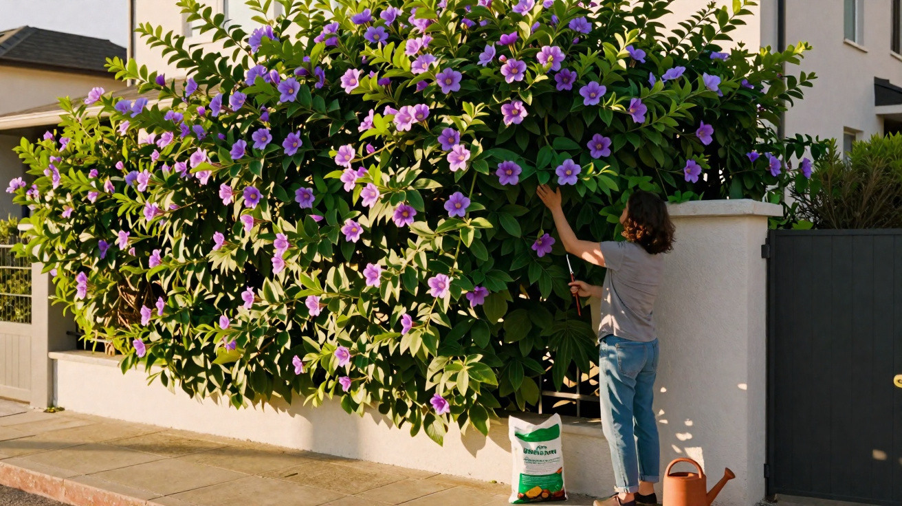Person pruning a large bush with purple flowers outside a residential house in daylight.
