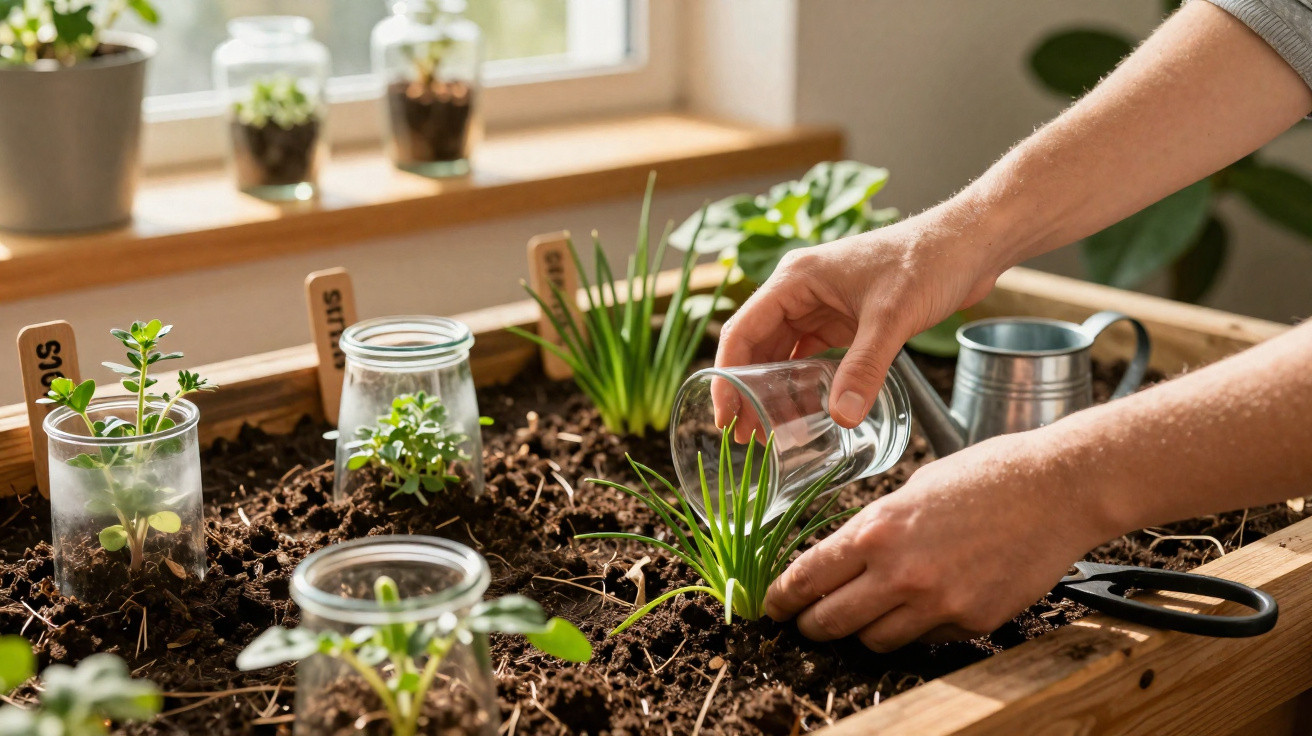 Person planting seedlings in a wooden indoor garden box with natural light from a nearby window.