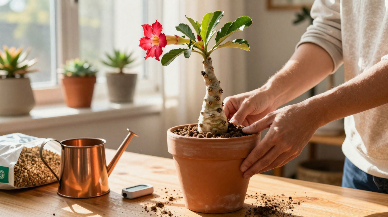 Person repotting a desert rose plant with a red flower on a wooden table near a window with other potted plants.