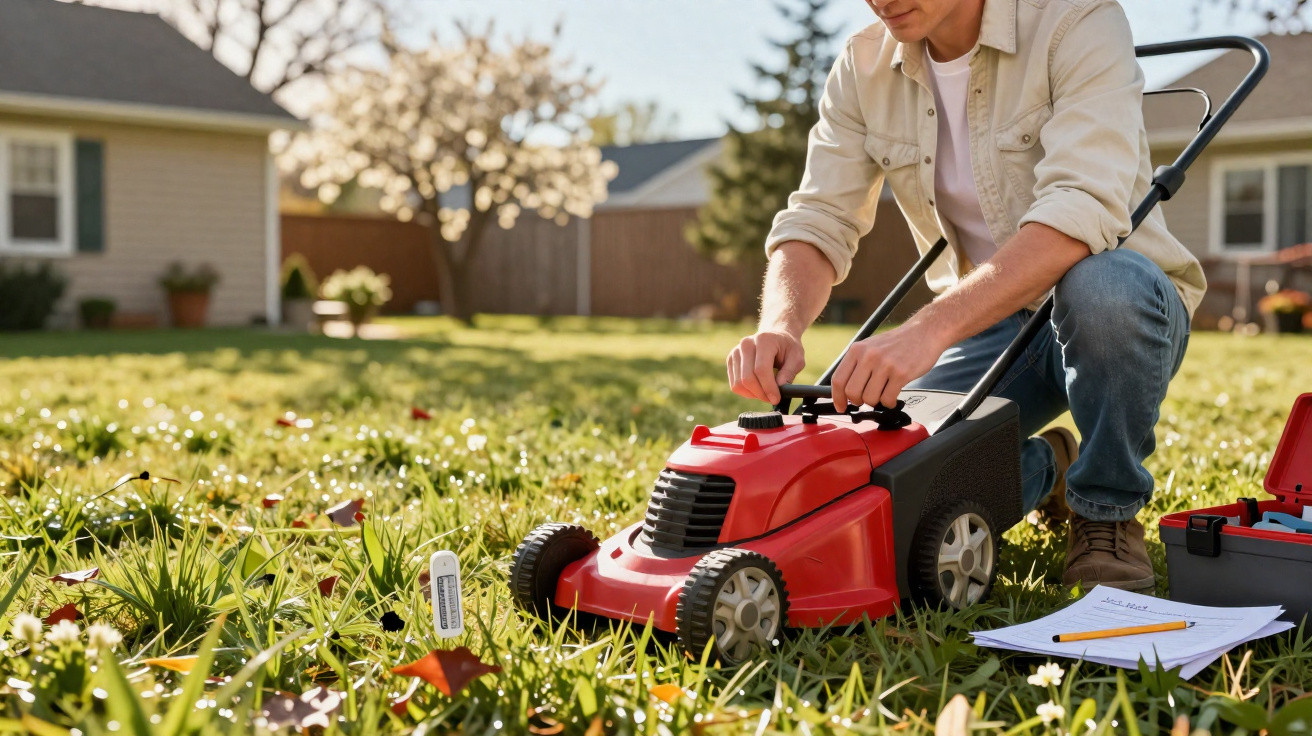 Man adjusting a red lawn mower on grass with a maintenance checklist and toolbox nearby in a backyard.