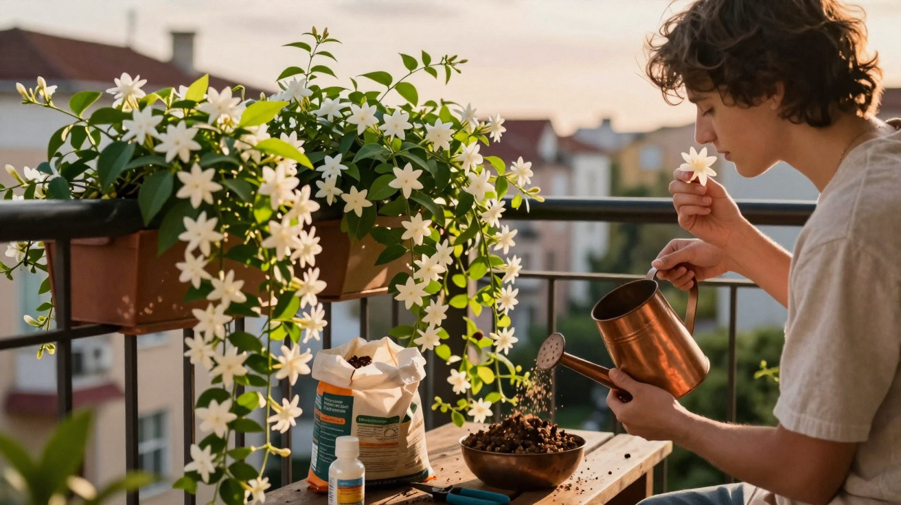 Person watering coffee grounds in bowl on balcony table with blooming white flowers in pots on railing.