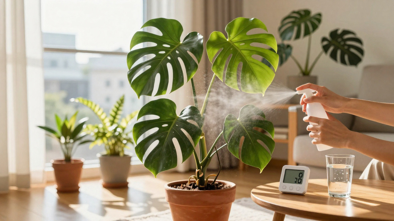 Hands spraying water on a Monstera plant indoors with sunlight, a glass of water, and a humidity monitor nearby.