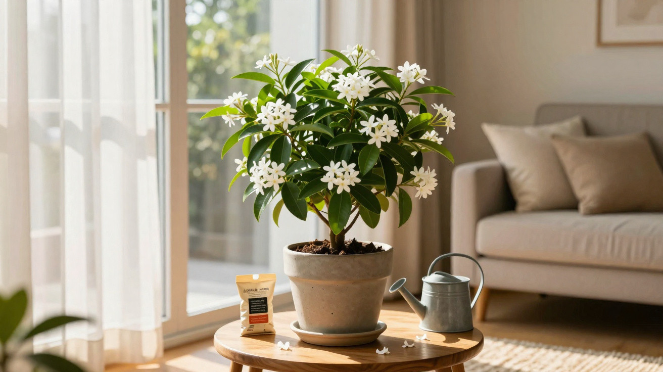 Potted white flowering plant on a wooden table with a watering can and plant feed in a sunny living room.