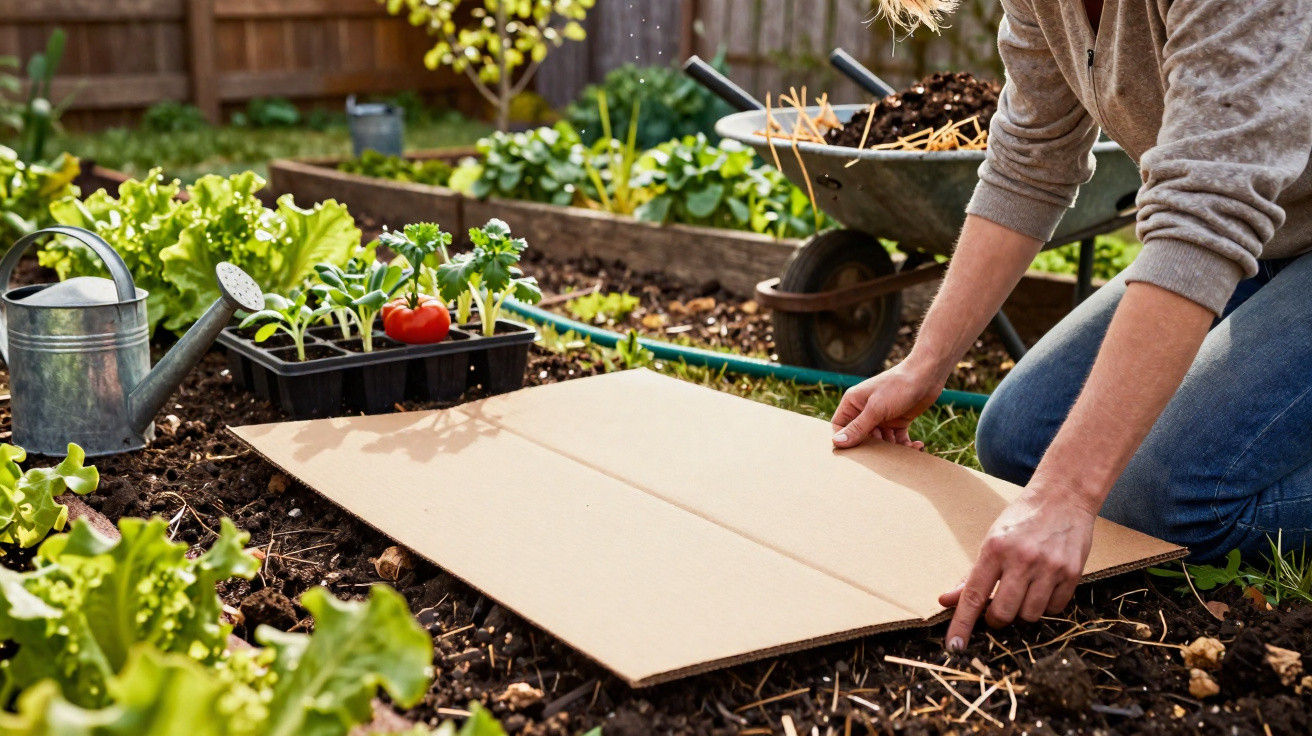 Person placing a cardboard sheet on garden soil surrounded by seedlings, a watering can, and a wheelbarrow.