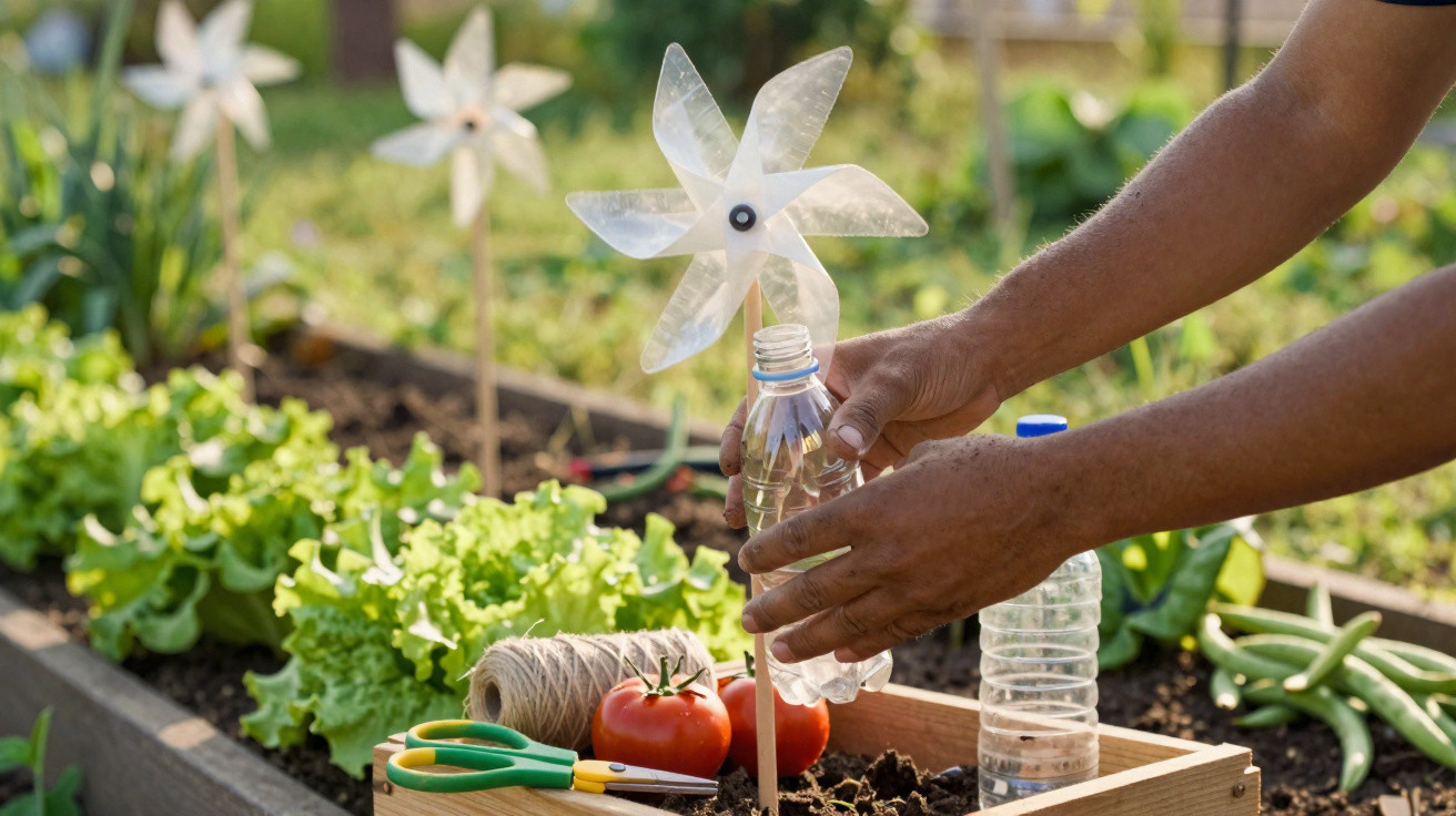 Hands placing a plastic bottle wind spinner in a vegetable garden bed with lettuce and tomatoes nearby.