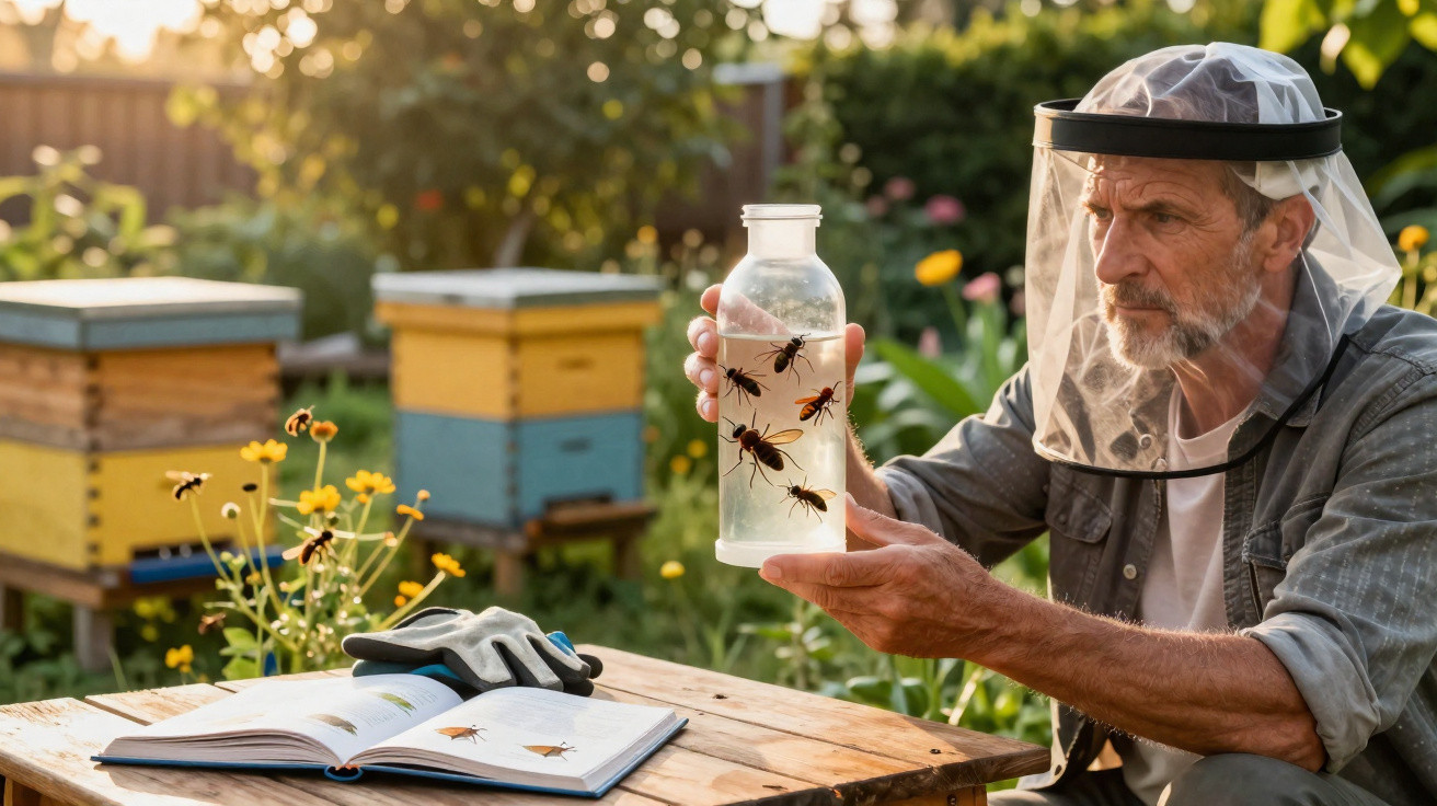 Beekeeper in protective gear examining bees in a jar with beehives and a guidebook on a wooden table outdoors.