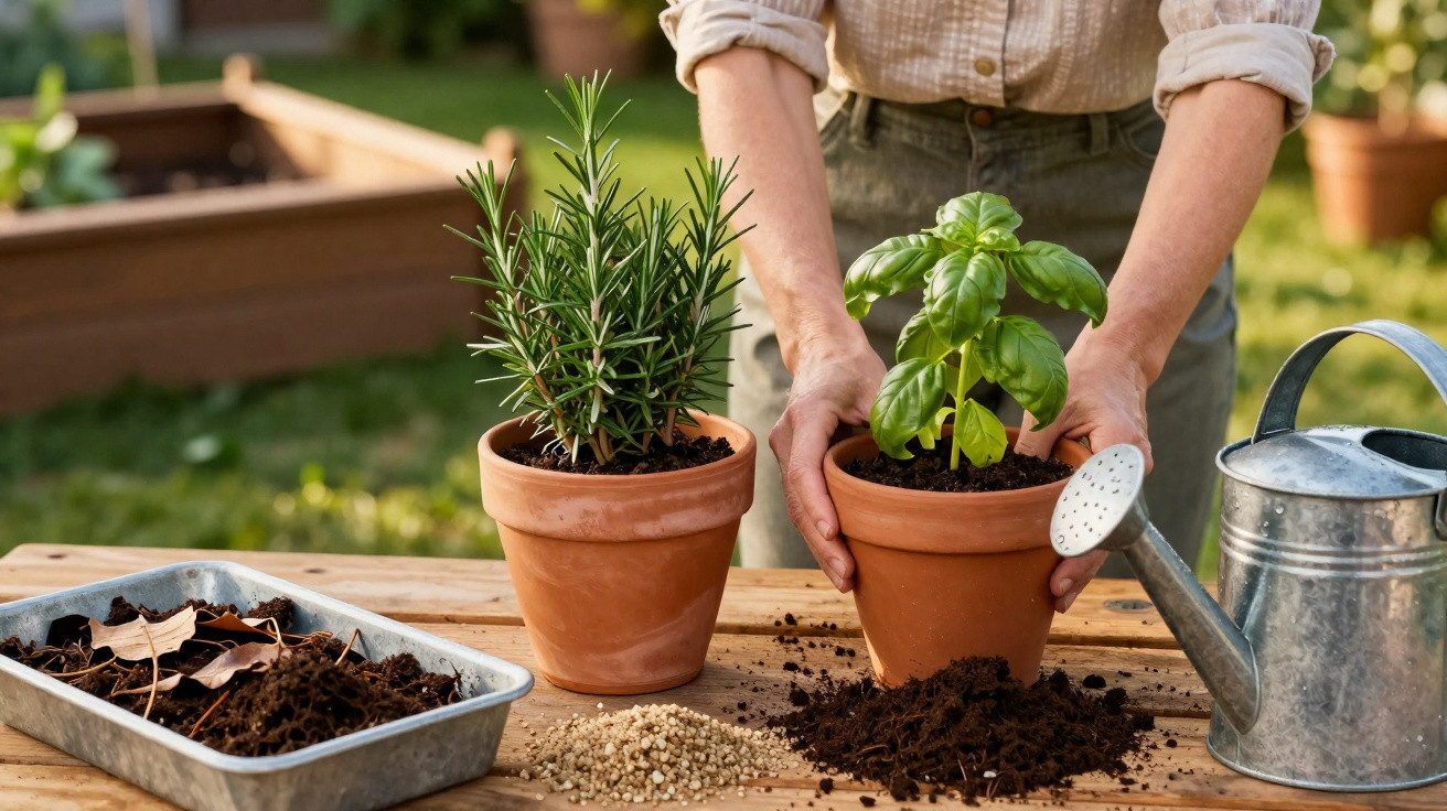 Person potting a basil plant beside a rosemary plant with gardening tools on a wooden table outdoors.
