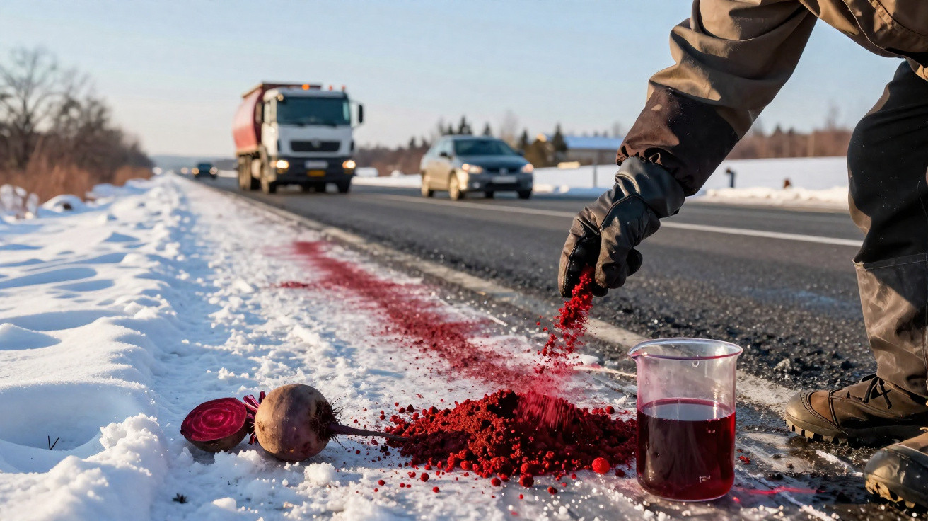 Person spreading red beet powder on snowy roadside next to beetroot and jar with red liquid.