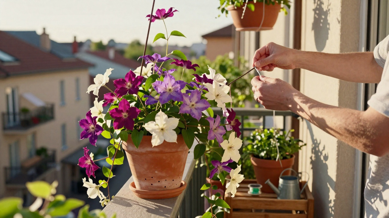 Hands tending to purple and white clematis flowers in a terracotta pot on a sunny balcony railing.