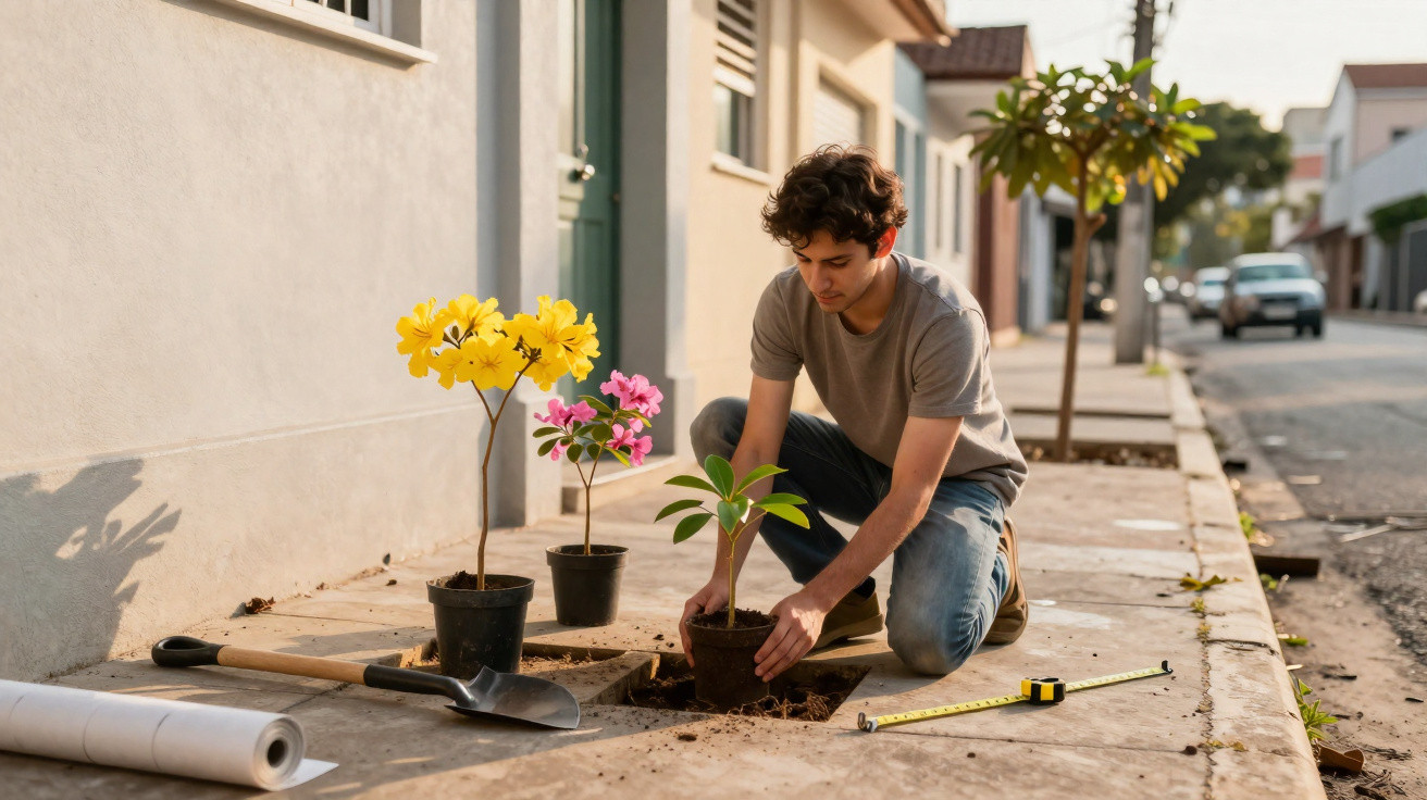 Man planting saplings in pots on a sidewalk in an urban residential neighbourhood during daylight.