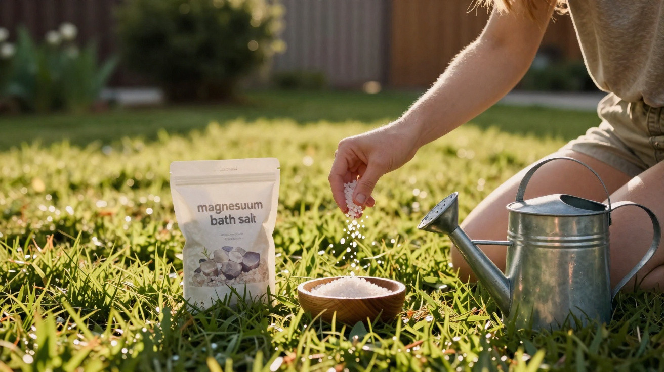 Person sprinkling magnesium bath salt from a bag into a wooden bowl on grass next to a metal watering can.
