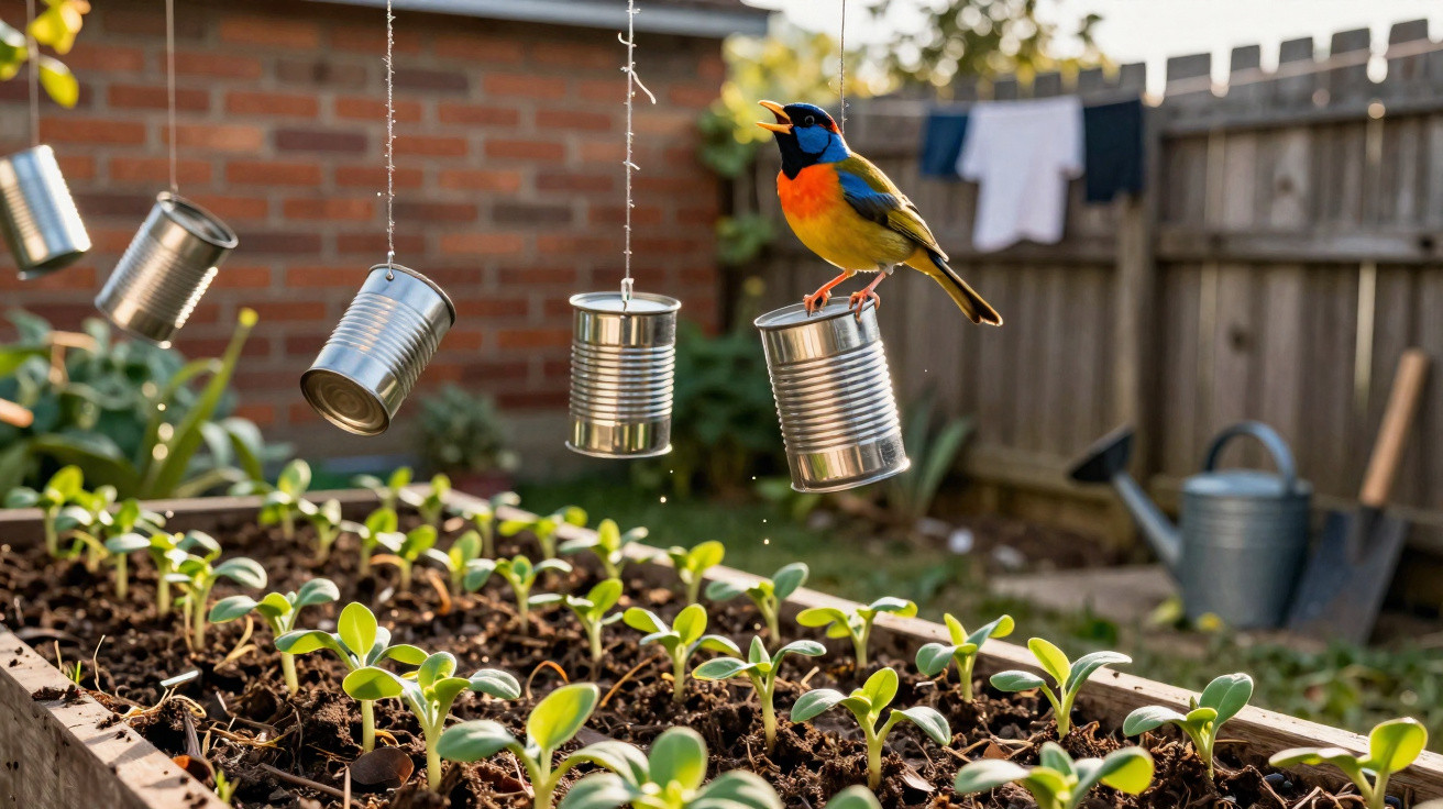 Colourful bird perched on a hanging tin can above a garden bed with young green plants in a backyard.