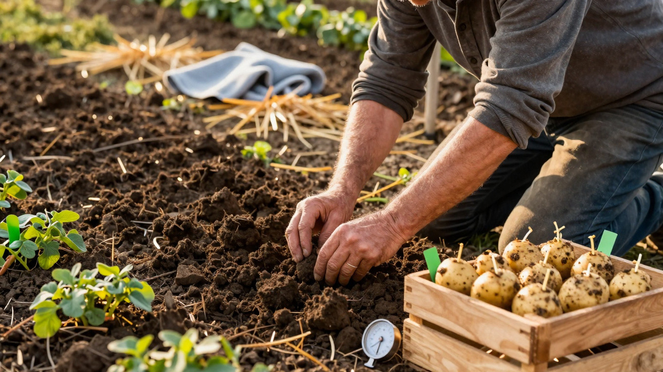 Person planting seed potatoes in soil beside a crate of tubers in a vegetable garden.