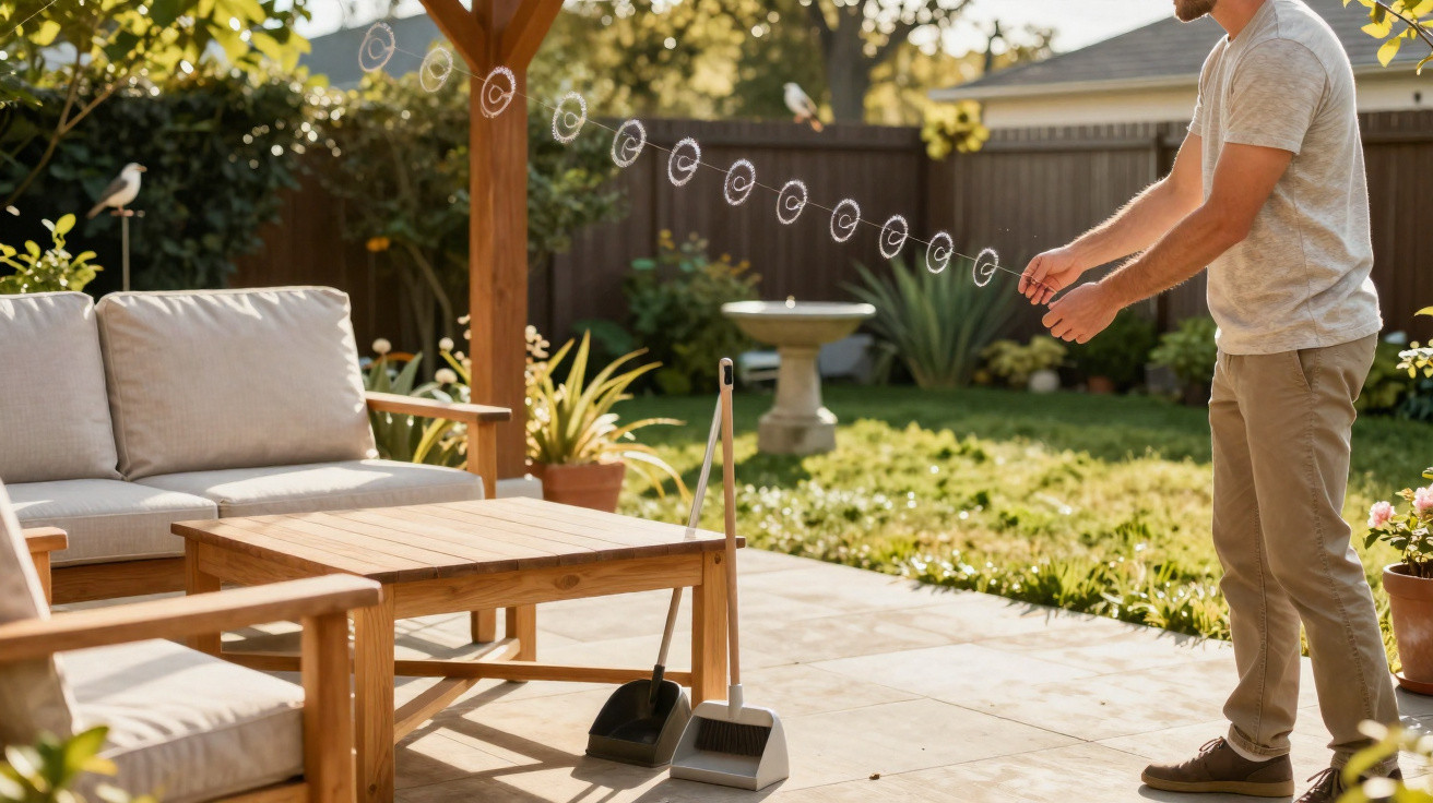 Man dusting outdoor wooden furniture on a sunny patio with green garden in the background