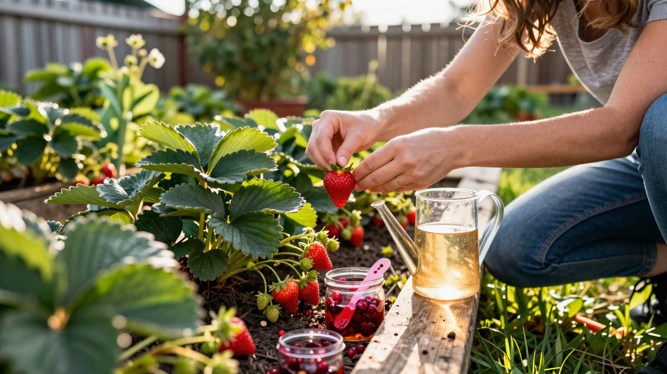 Person harvesting ripe strawberries from a garden bed with jars and a watering can nearby in sunlight.