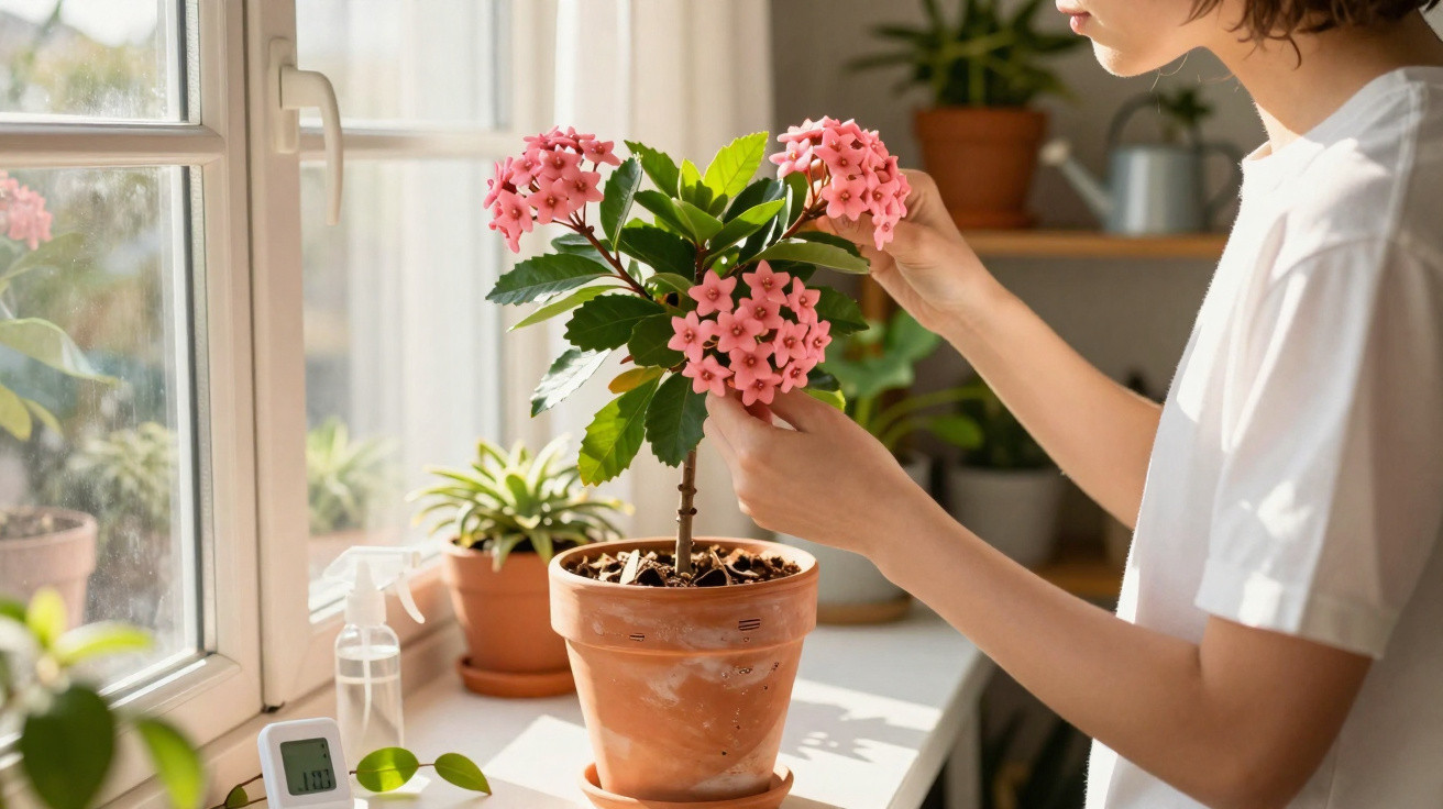 Person tending a pink flowering plant in a terracotta pot on a windowsill with other potted plants nearby.