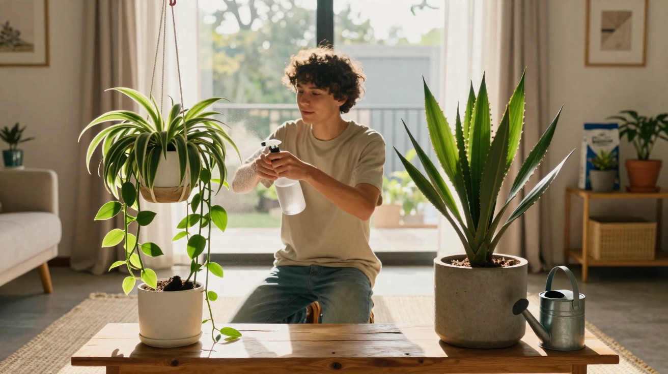 Young man watering indoor plants in a sunlit living room with a wooden table and large windows.
