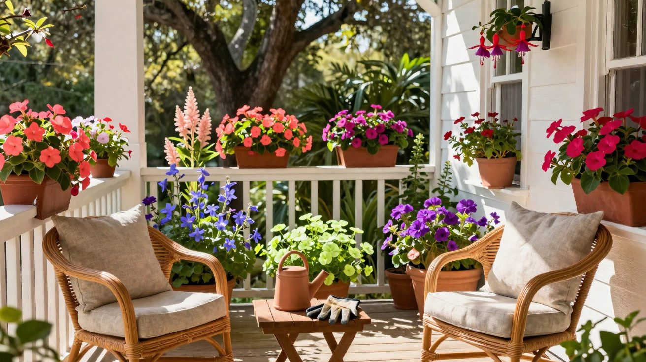 Sunlit porch with wicker chairs, a wooden table, and vibrant potted flowers in bloom.
