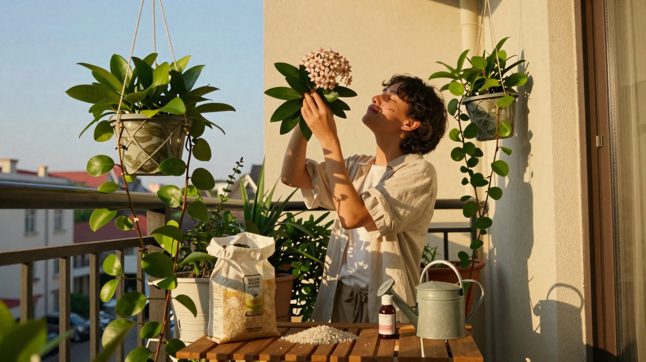 Person enjoying sunlight while holding a flowering plant on a balcony surrounded by greenery and gardening supplies.
