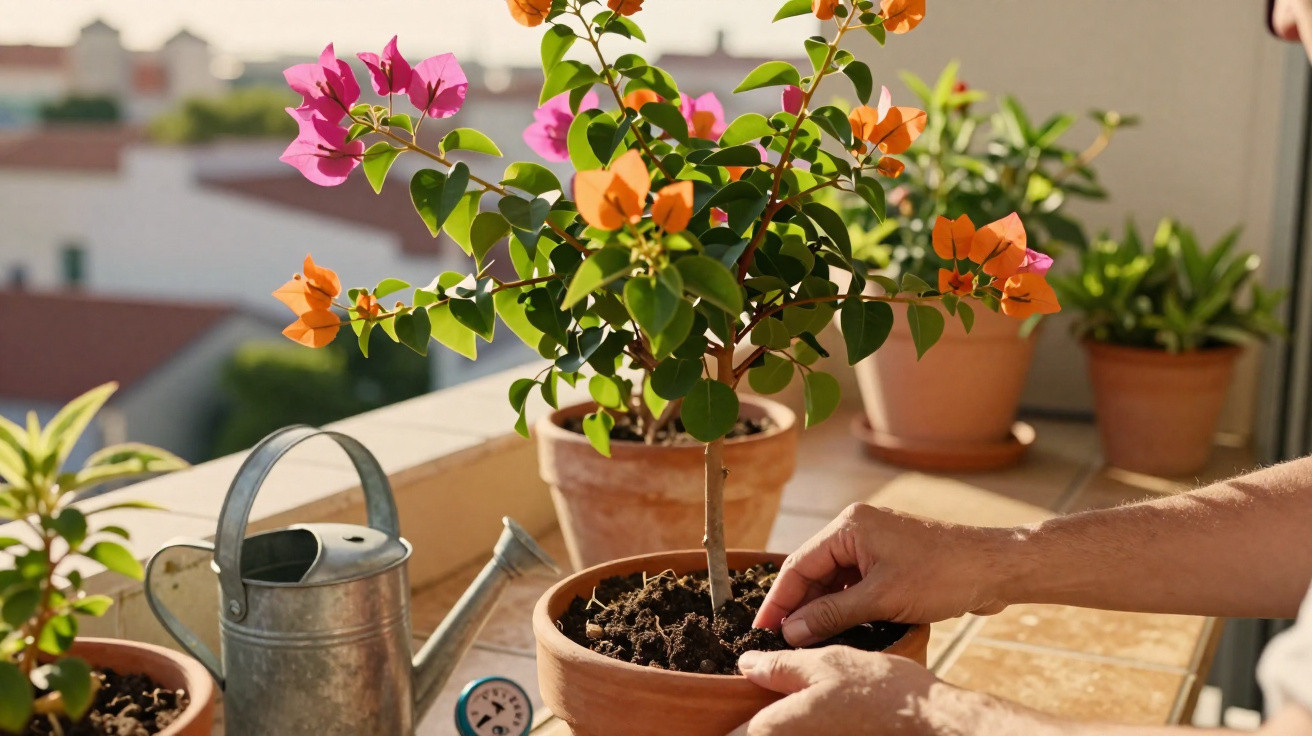 Hands tending a flowering bougainvillea plant in a terracotta pot on a sunlit balcony with a watering can nearby.