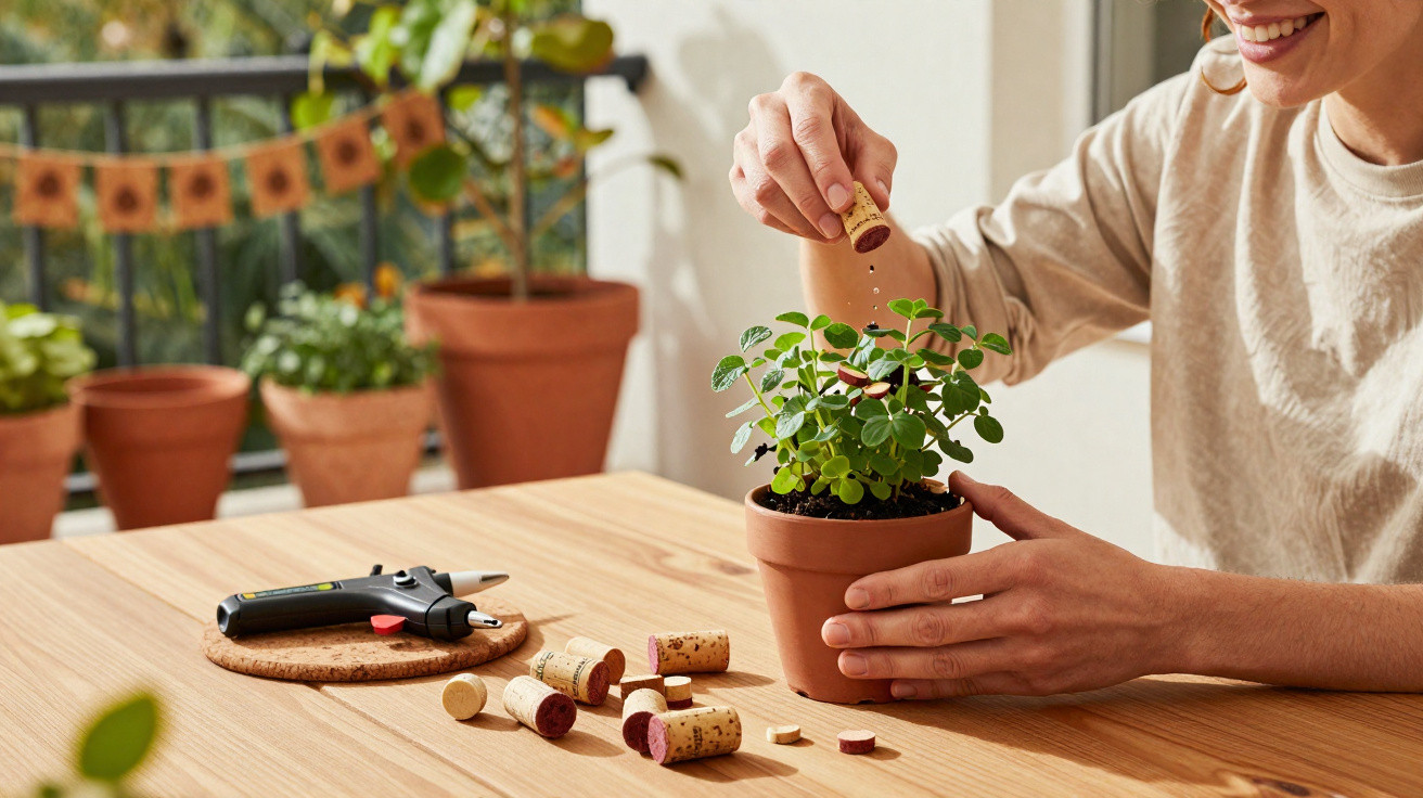 Person using wine corks to fertilise a potted plant on a wooden table with gardening tools nearby