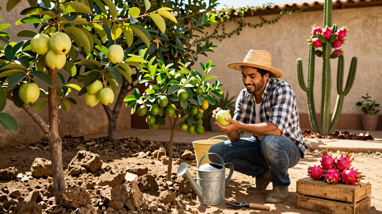 Man in a straw hat inspecting fruit in a dry garden with a watering can, citrus trees, and dragon fruit cactus.