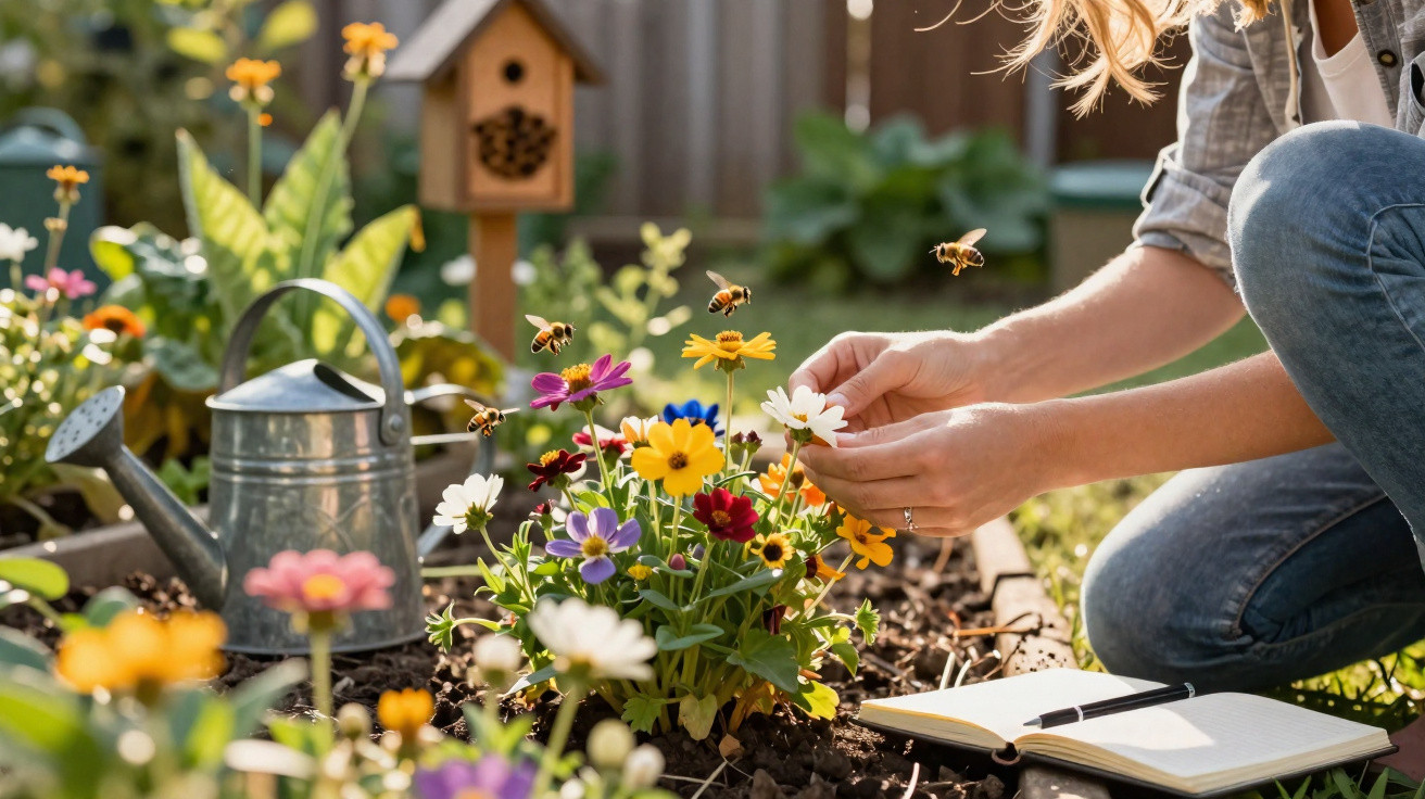 Person tending colourful flowers with bees flying around in a sunny garden bed near a watering can and notebook.