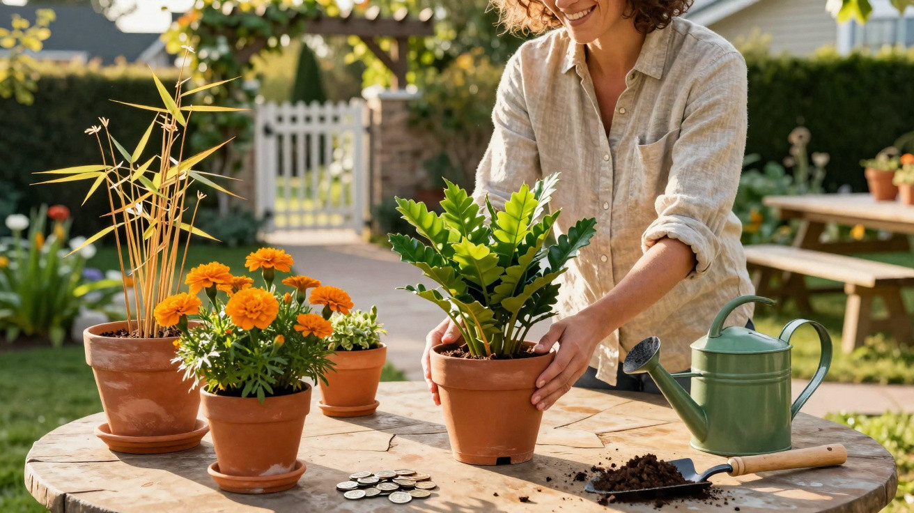 Woman repotting a green houseplant on a garden table with terracotta pots, watering can, and gardening tools nearby.