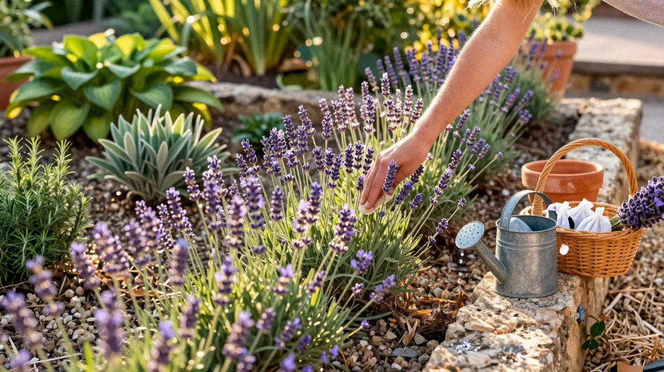 Person touching blooming lavender in a garden with a watering can and basket nearby on a sunny day.