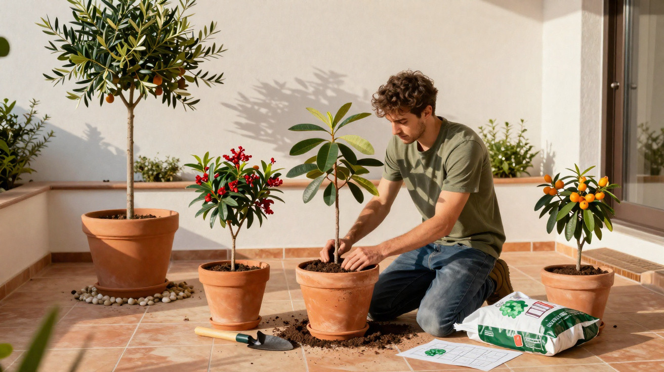 Man kneeling on tiled patio repotting a small tree with gardening tools and soil bag nearby.