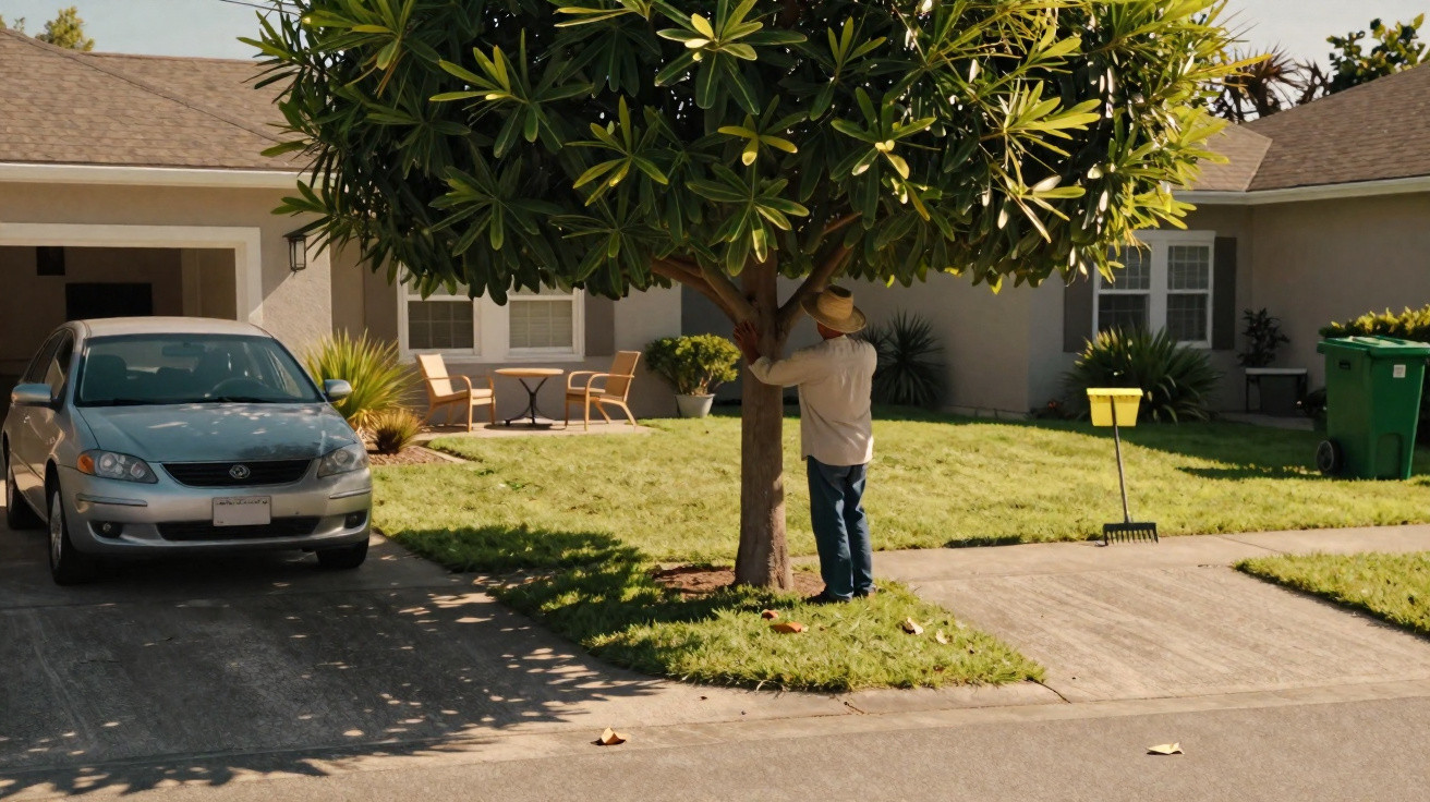 Person wearing a hat tending to a tree in the front yard of a suburban house on a sunny day.