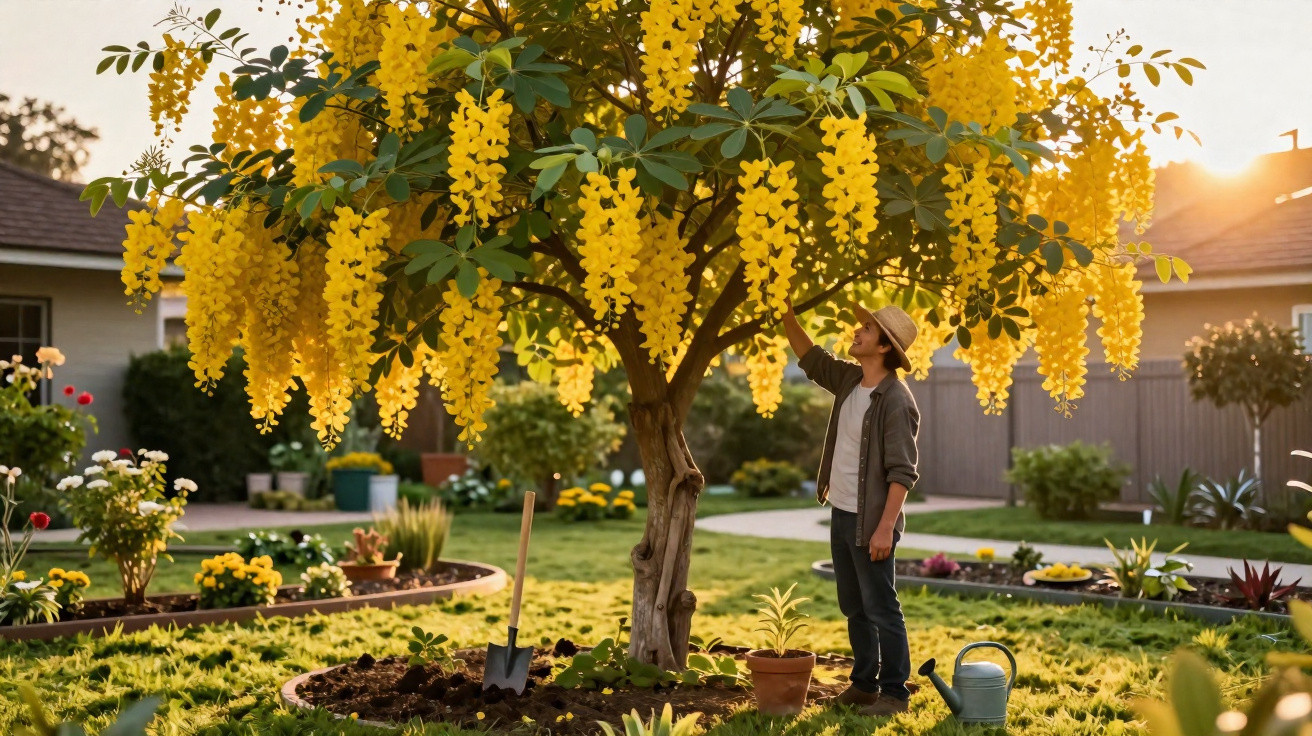 Person wearing a hat stands under a tree with bright yellow flowers in a sunlit garden.