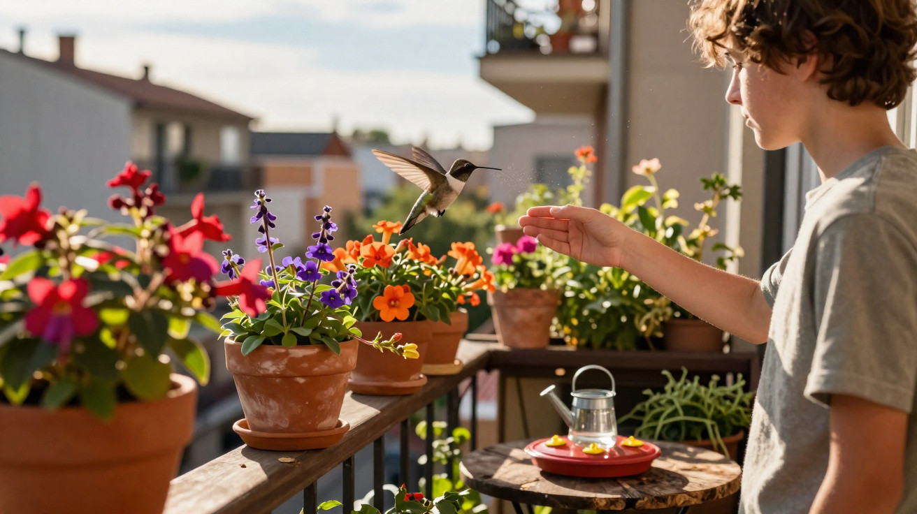 Child on balcony reaching out hand to a hovering hummingbird near colourful potted flowers in sunlight