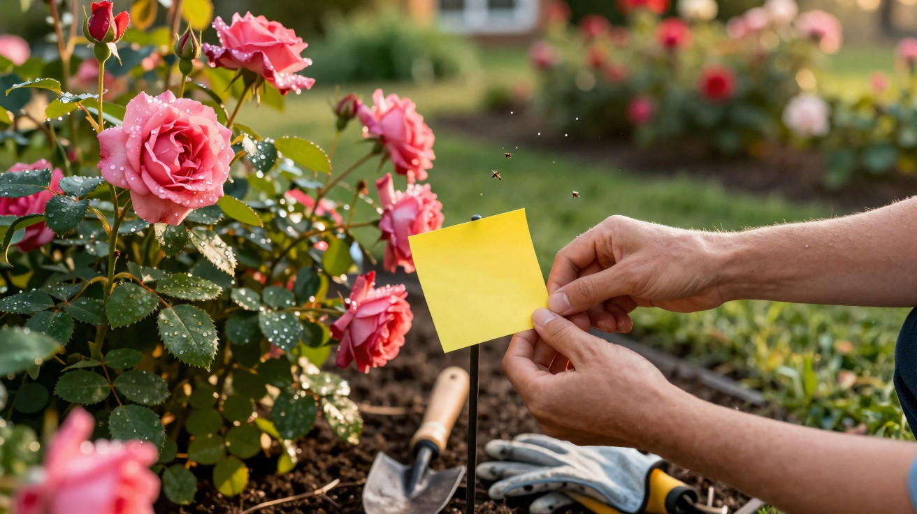 Person placing a yellow sticky trap near pink roses with gardening tools on the soil in a garden bed.