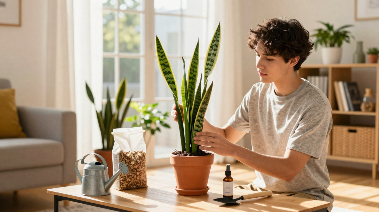 Young person tending to a potted snake plant on a wooden table in a bright living room.